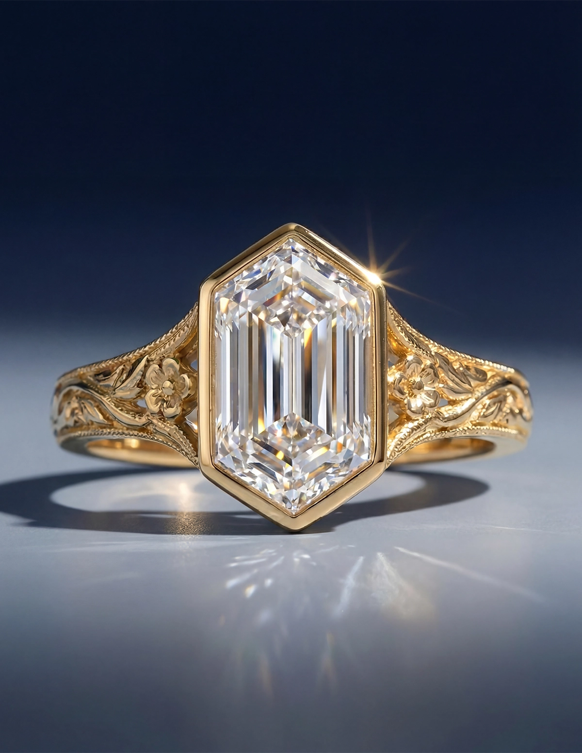 Hexagon emerald-cut diamond engagement ring with vintage floral engraved yellow gold band, close-up studio shot on reflective surface