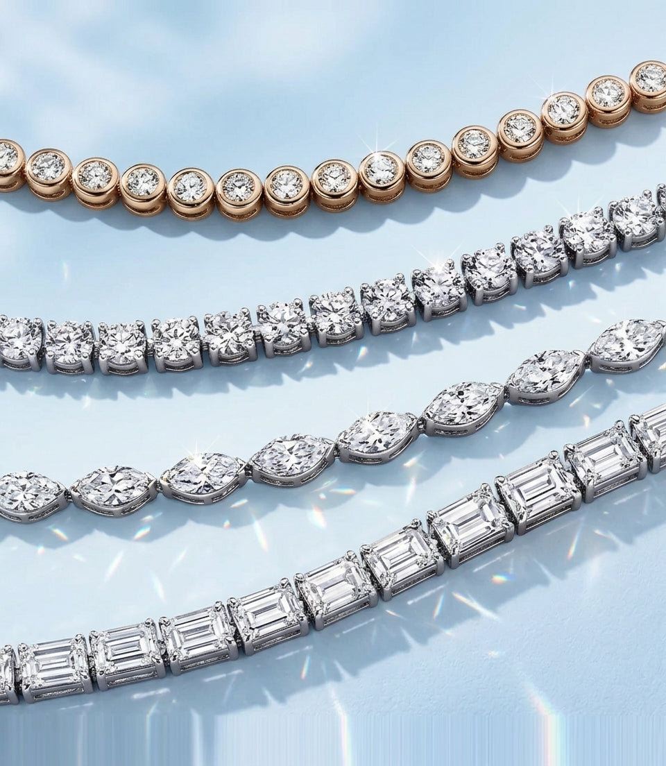 Diamond tennis bracelets in rose gold and white gold with bezel, round, marquise and emerald-cut stones