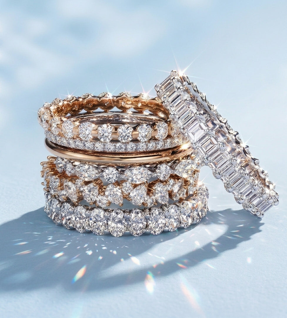 Stacked diamond eternity wedding bands in rose gold and white gold