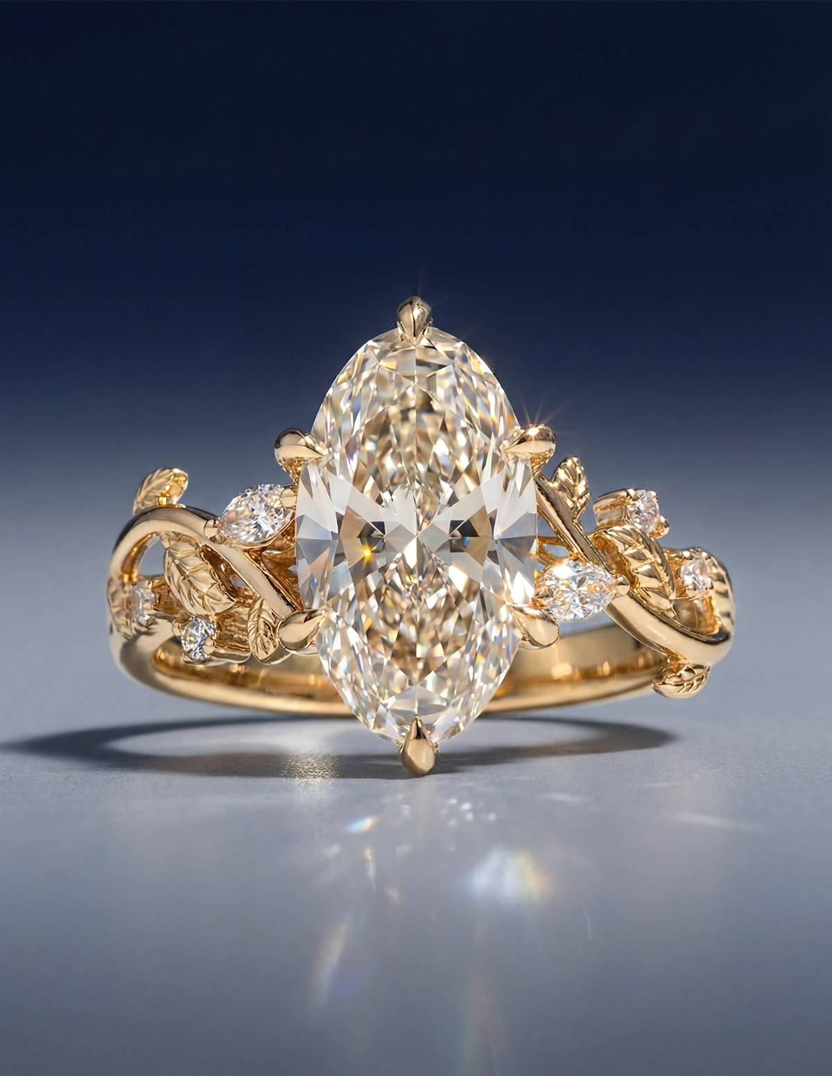 Moval oval marquise diamond engagement ring with floral vine yellow gold band and scattered round accent diamonds, close-up studio shot on reflective surface