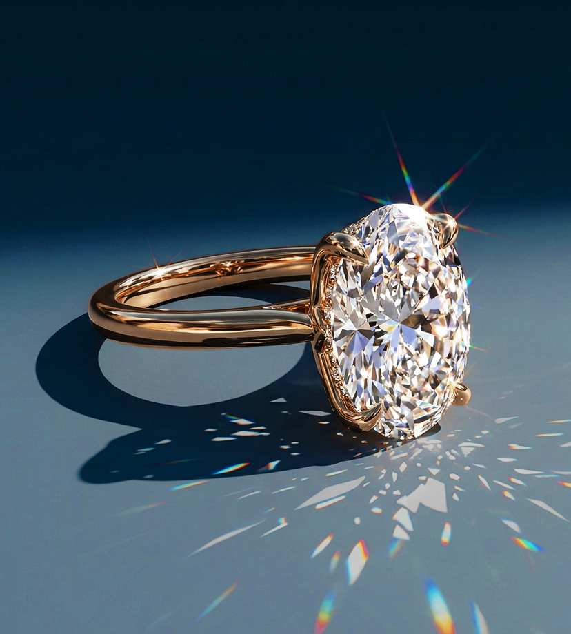 A gold ring with an oval diamond on a reflective surface emits colorful light patterns, suggesting elegance and luxury against a dark blue background.