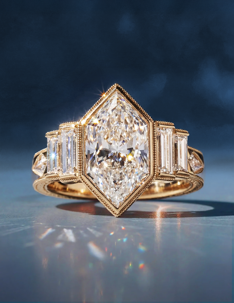 A gold ring with a large hexagonal diamond centerpiece flanked by baguette diamonds, sparkling against a dark blue background, creating an elegant and luxurious tone.