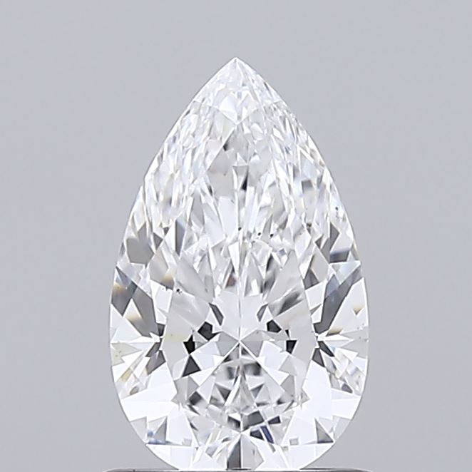 0.89 A sparkling, pear-shaped diamond with intricate faceting, set against a plain gray background, reflecting light and conveying elegance and luxury.