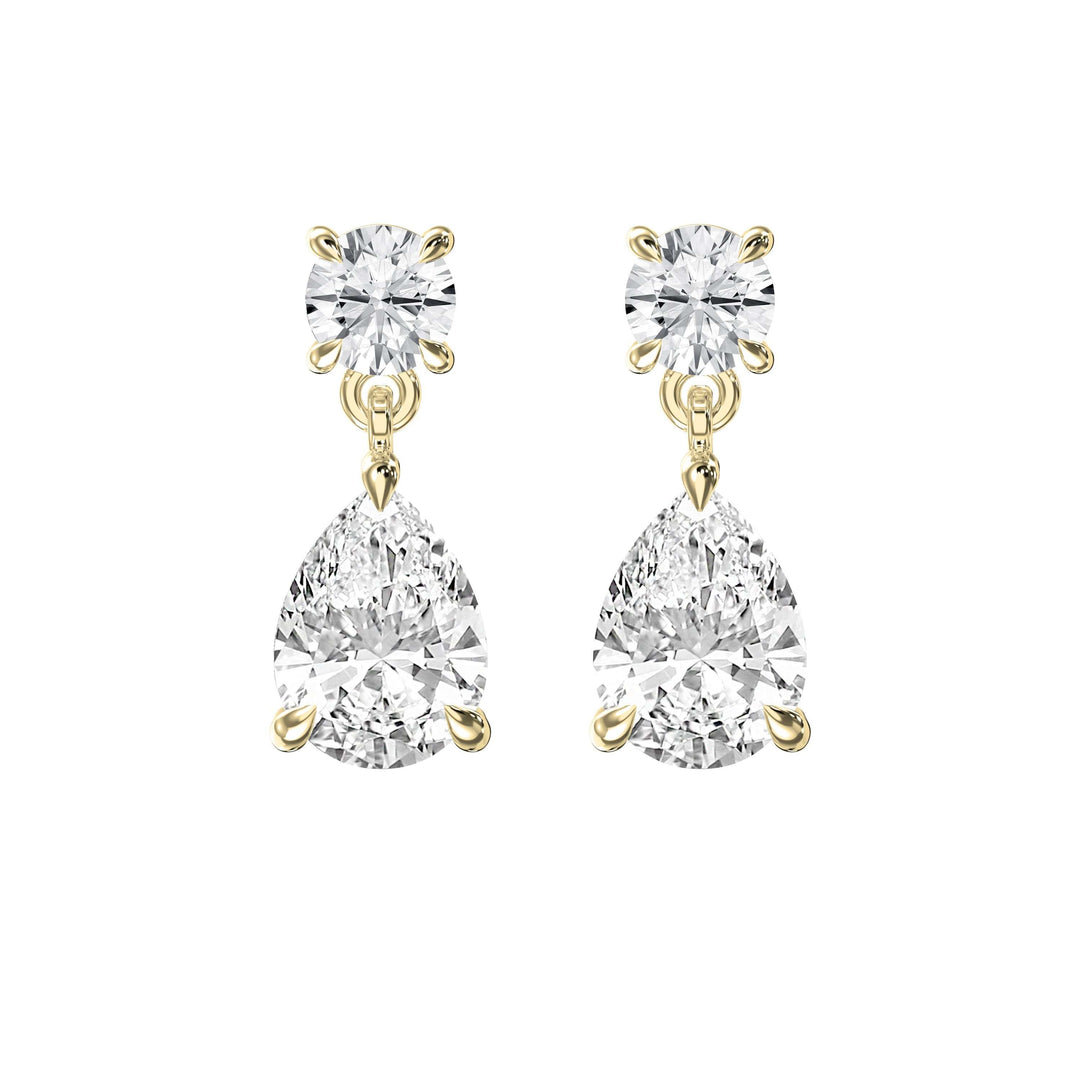 5ct lab grown diamond drop earrings in 14k yellow gold with round and pear-shaped stones, IGI certified, colorless D/E clarity, elegant and versatile design