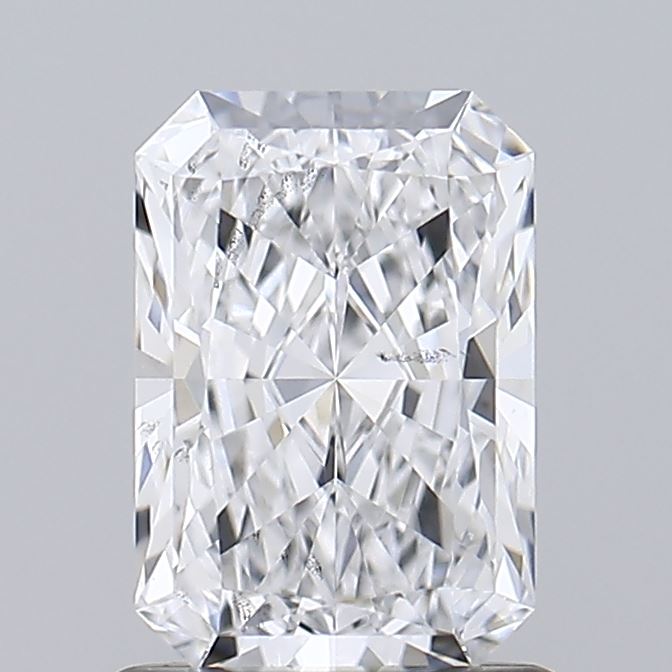 1.0 A brilliant, rectangular-cut diamond with multiple facets reflecting light, showcasing its clarity and sparkle against a gray background.
