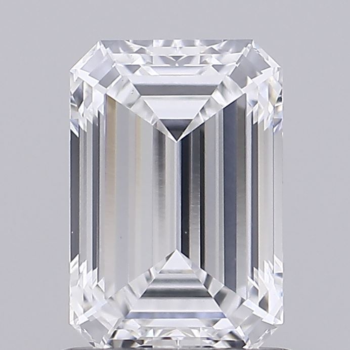 1.0 A clear emerald-cut diamond on a gray background, showcasing symmetrical facets and sharp edges. The gem radiates brilliance and elegance.