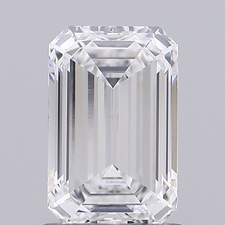 1.0 A sparkling, emerald-cut diamond with multiple facets, reflecting light and showcasing clarity against a soft gray background.
