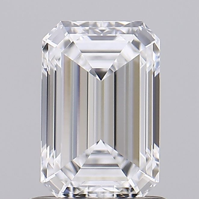 1.01 A dazzling, clear emerald-cut diamond with sharp facets reflecting light, displayed against a soft gray background.
