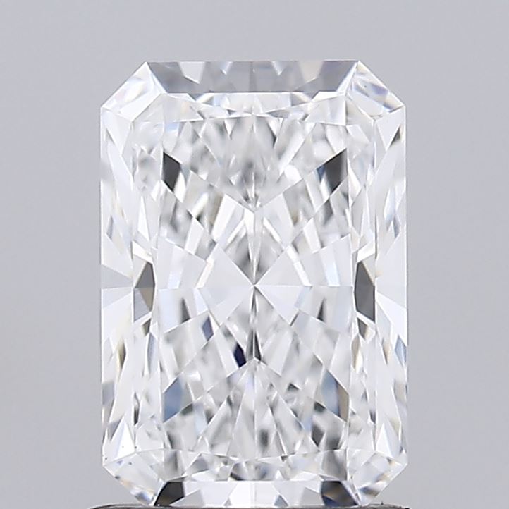 1.01 Emerald-cut diamond with sharp edges and reflective facets against a plain gray background. The gemstone shines brightly, conveying luxury and elegance.