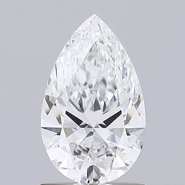 1.02 A pear shaped brilliantly cut diamond against a grey background.