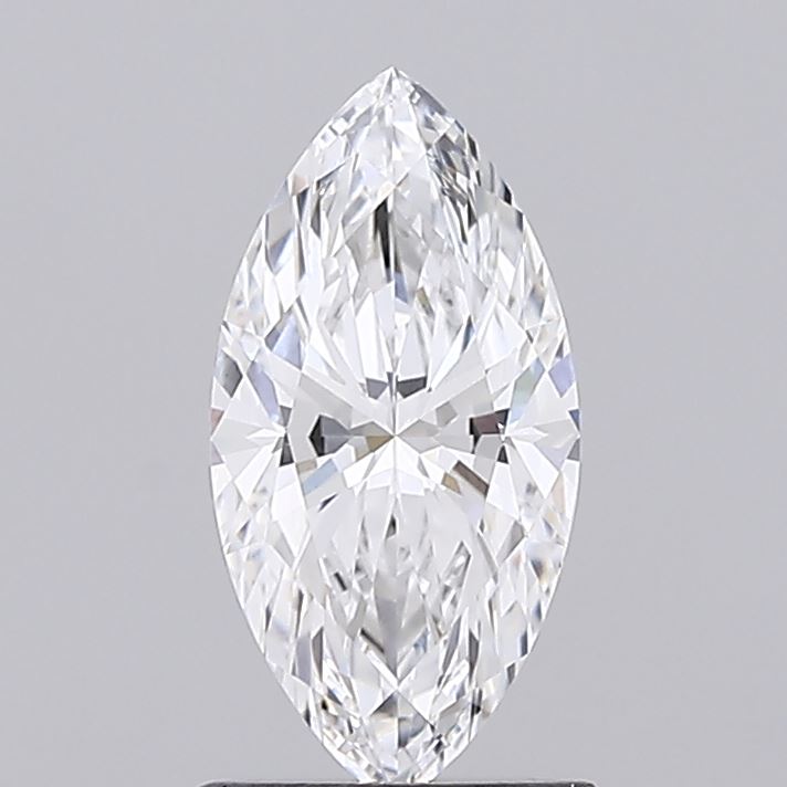 1.03 A marquise-cut diamond with sharp, pointed ends and intricate facets sparkles against a plain gray background, exuding elegance and brilliance.