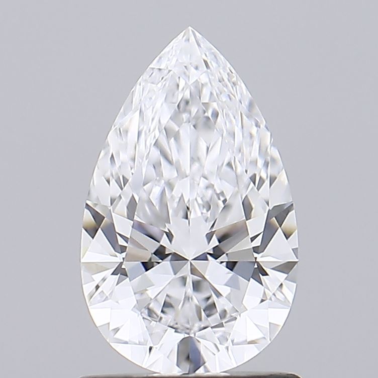 1.03 A sparkling, pear-shaped diamond with intricate faceting, reflecting light against a neutral gray background.