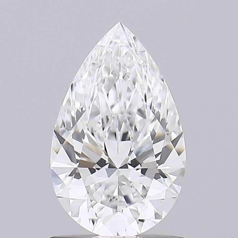 1.05 Close-up of a sparkling, pear-shaped diamond with multiple facets, reflecting light against a soft gray background.