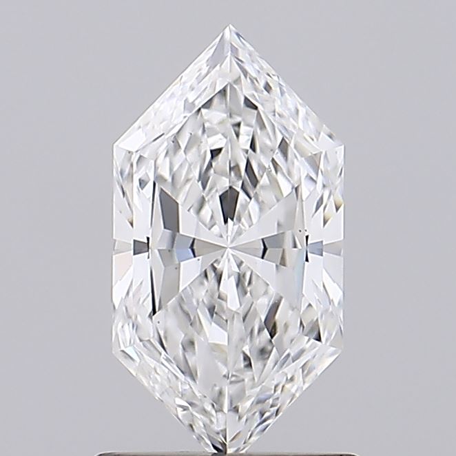 1.05 A kite-shaped diamond with intricate facets reflects light brilliantly against a plain gray background, showcasing its clarity and precision.