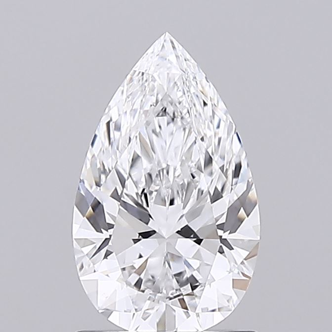 1.06 A pear-shaped diamond with intricate facets is displayed against a light gray background, showcasing its clarity and brilliance. The tone is elegant and luxurious.