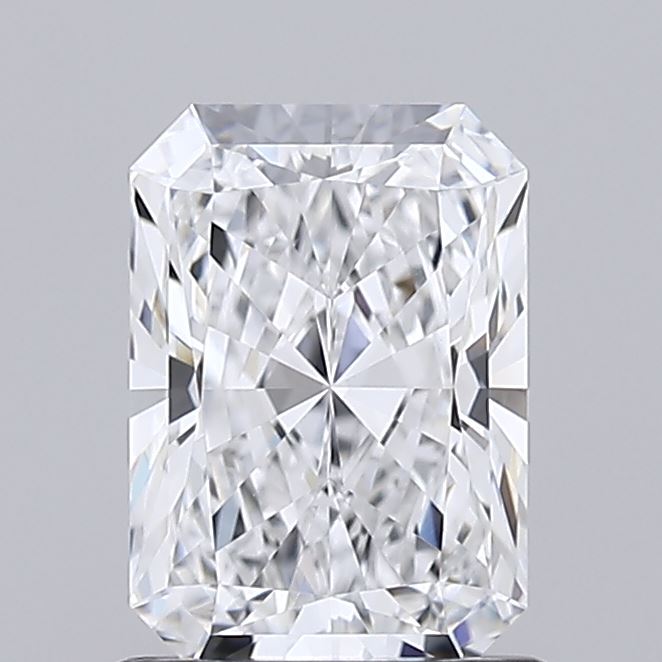 1.06 Radiant-cut diamond with sharp edges and a complex facet pattern, reflecting light brilliantly against a plain gray background, exuding elegance.