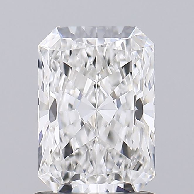 1.08 A radiant-cut diamond with a rectangular shape and beveled edges. It has a symmetrical facet pattern reflecting light, creating a brilliant sparkle.
