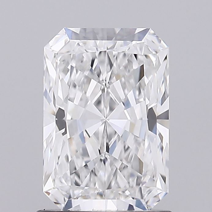 1.08 A radiant-cut diamond with a rectangular shape, featuring sharp edges and intricate faceting. It sparkles against a plain gray background.