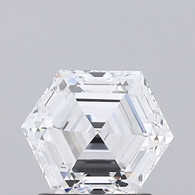 1.09 A close up of a clear cut diamond against a light grey background.