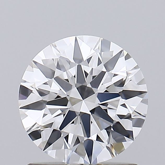 1.21 A sparkling round brilliant diamond displayed on a stand, showcasing its numerous facets and brilliant clarity against a light background.