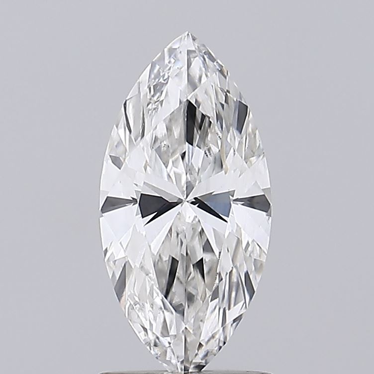 1.26 A close up of a marquise cut diamond on a grey background.