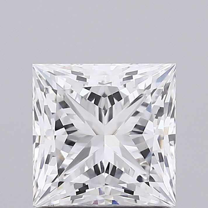 1.26 Close up of a square cut clear sparkling diamond against a grey background.