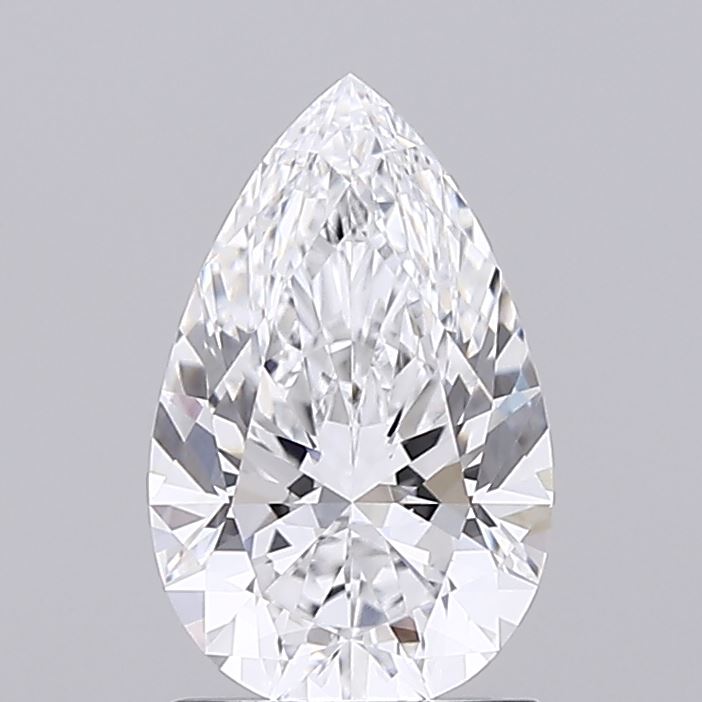 1.27 A sparkling pear-shaped diamond with intricate facets, reflecting light vividly against a neutral gray background.
