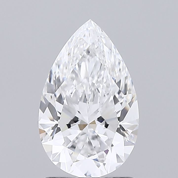1.33 A brilliant, clear pear-shaped diamond gleams against a neutral gray background, showcasing its intricate facets and sparkling brilliance.