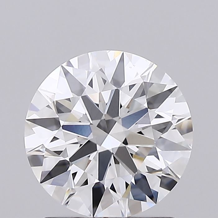1.34 A round brilliant cut diamond with multiple facets reflecting light against a gray background.