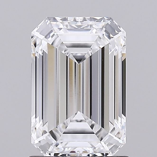 1.35 Emerald-cut diamond with step cuts and triangular facets, exhibiting clarity and brilliance.