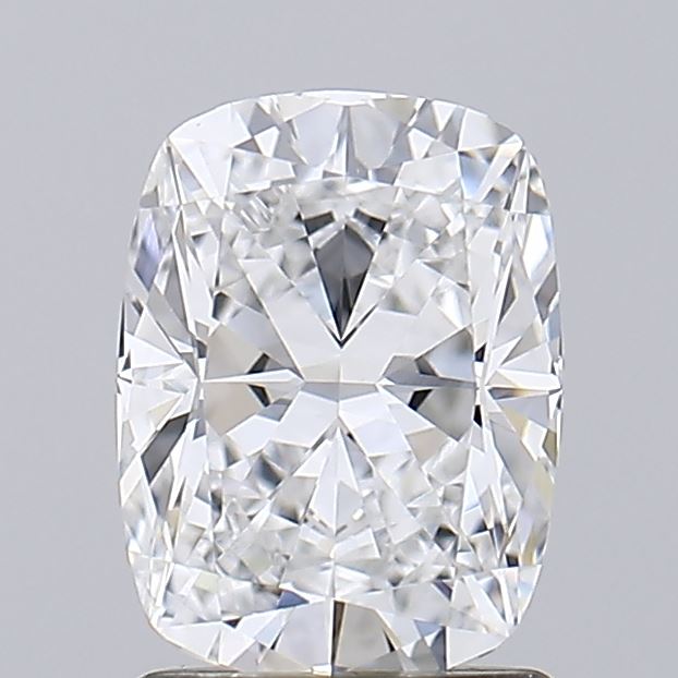 1.45 A sparkling, cushion-cut diamond on a display stand, showcasing its brilliant facets and clarity against a soft gray background.