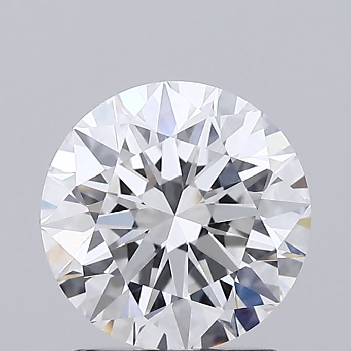 1.5 A sparkling round-cut diamond with numerous facets reflecting light, creating a dazzling array of colors against a plain gray background. Brilliant and elegant.
