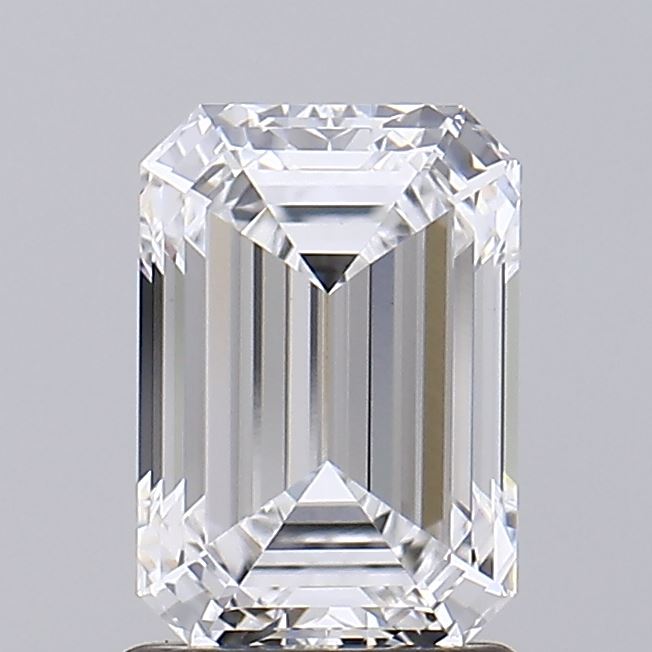 1.50 A sparkling, clear emerald-cut diamond with sharp facets, displayed against a light gray background, showcasing its brilliance and craftsmanship.