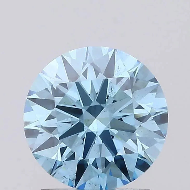 1.51 Round light blue diamond with brilliant faceting reflecting clarity and sparkle against a neutral background.