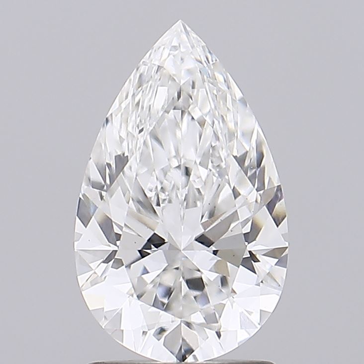 1.53 A brilliant pear-shaped diamond with intricate facets is displayed upright against a neutral gray background, exuding a sense of elegance and luxury.