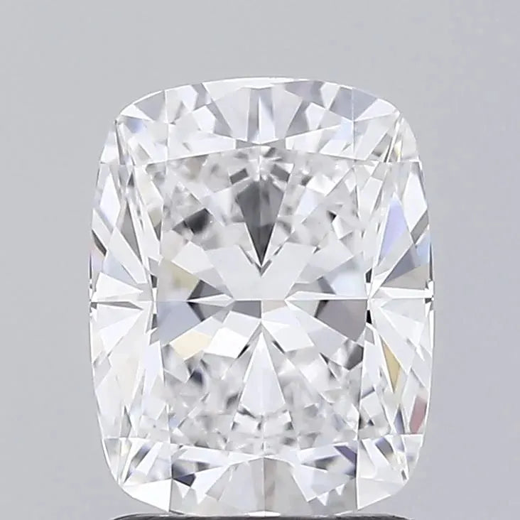 1.53 A close up of a brilliant cushion cut diamond showcasing its sparkling facets and clarity against a soft, neutral background.