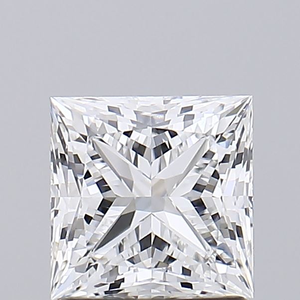 1.55 A clear, square-cut diamond with a star-like pattern at its center.