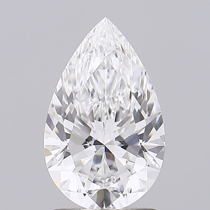 1.56 A sparkling, pear-shaped diamond with intricate facets reflecting light, set against a plain grey background, conveying elegance and luxury.