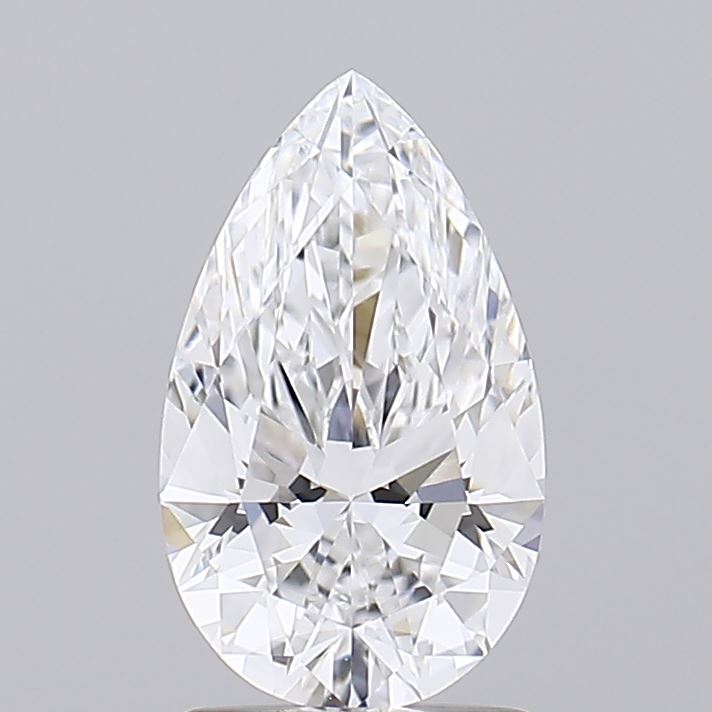 1.57 A brilliant pear-shaped diamond sparkling with multiple facets, showcasing its clarity and elegance against a neutral background.