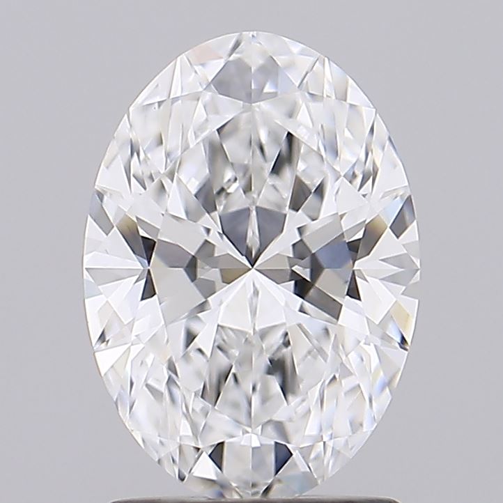 1.57 Oval-shaped, faceted diamond reflecting light, showcasing intricate cuts and clarity on a neutral gray background, conveying elegance and luxury.