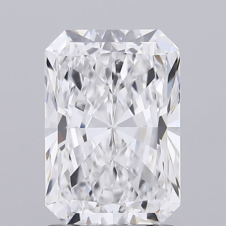1.58 A brilliant, rectangular-cut diamond displaying exceptional clarity and sparkle against a soft gray background.