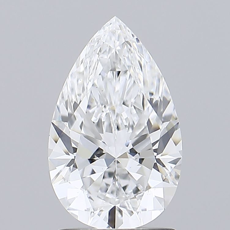 1.58 Pear-shaped diamond with intricate facets and brilliance.