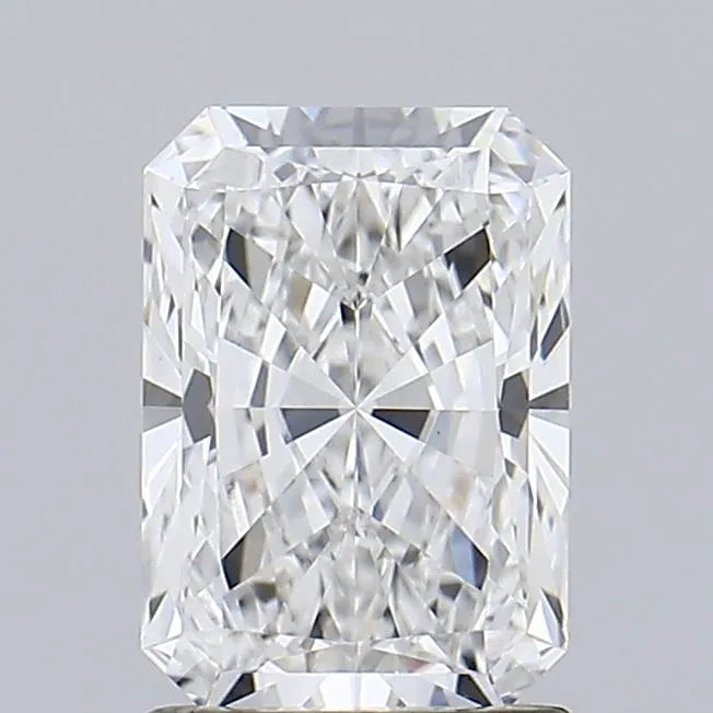 1.59 A close up of a radiant cut diamond against a light background.