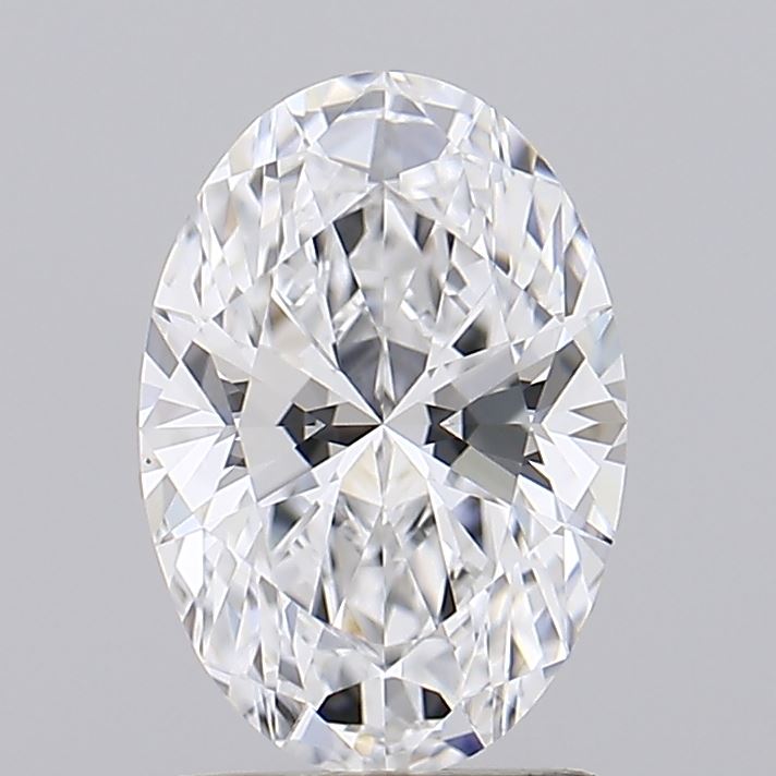 1.59 Oval-cut diamond with intricate facets reflecting light, creating a sparkling effect against a plain grey background, conveying elegance and luxury.