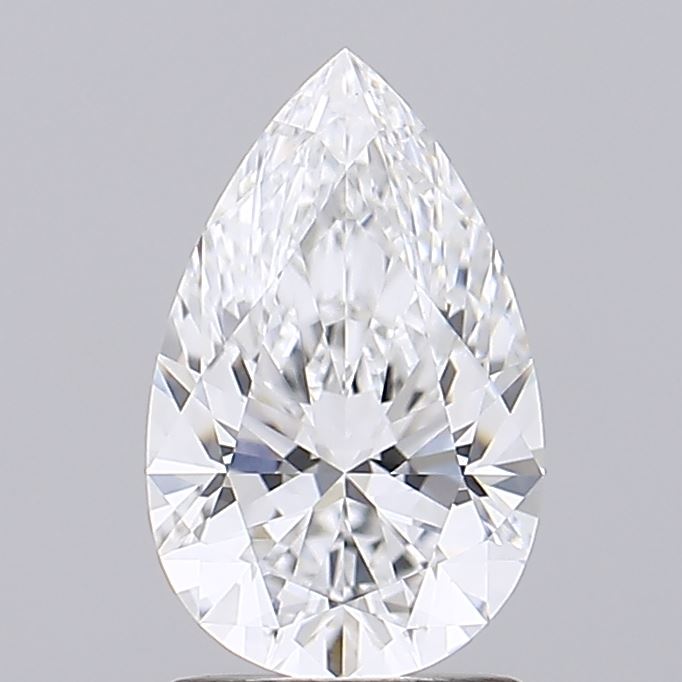 1.59 A pear-shaped diamond with brilliant facets, reflecting light to create a sparkling effect against a plain gray background, conveying elegance and luxury.