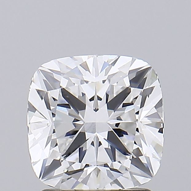 1.59 A sparkling cushion-cut diamond displaying brilliant facets and a clear, colorless appearance against a light gray background.