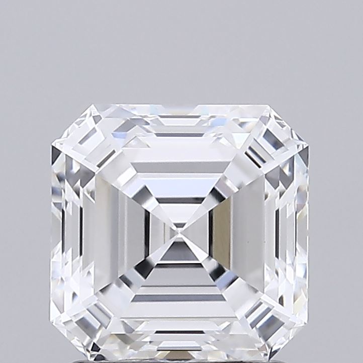 1.59 A square step-cut diamond with a symmetrical, dazzling appearance is shown against a gray background, highlighting its clear facets and precise geometry.
