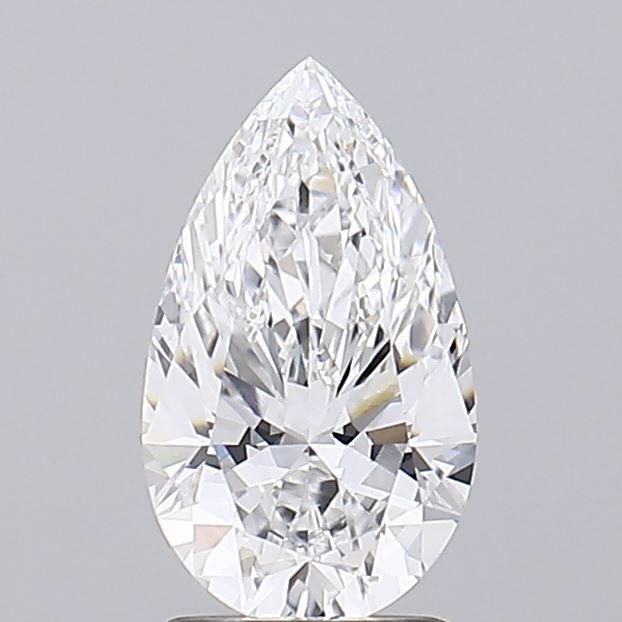 1.63 A sparkling, pear-shaped diamond with intricate facets is set against a plain grey background, highlighting its clarity and brilliance.