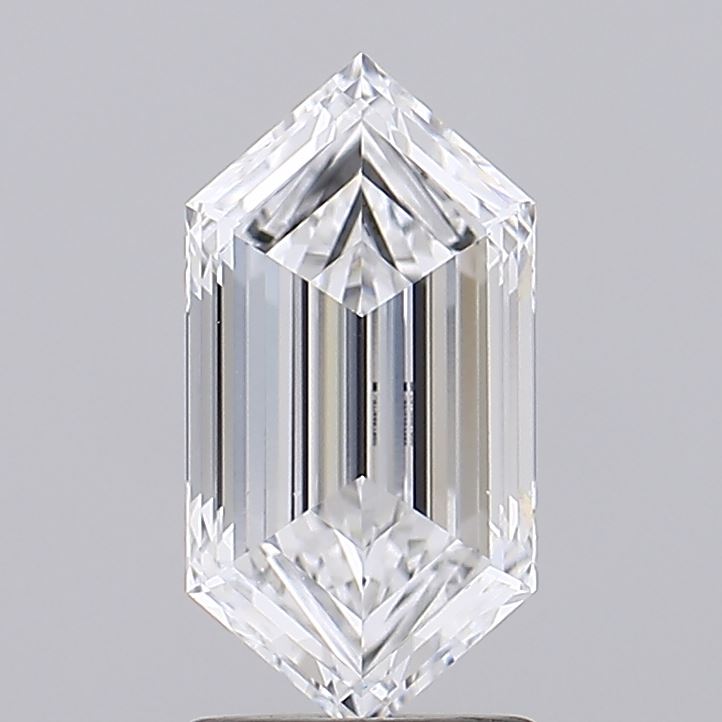 1.72 A hexagonal diamond with intricate facets sparkles against a pale gray background, showcasing clarity and brilliance. The tone is elegant and luxurious.