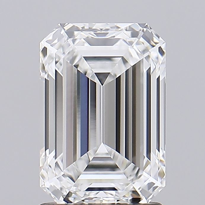 1.81 A lustrous, faceted emerald-cut diamond showcasing remarkable clarity and brilliance against a soft gray background.